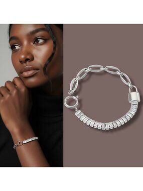 New Lock Charm Bracelet 14K White Gold Plated CZ Links 7” Preppy